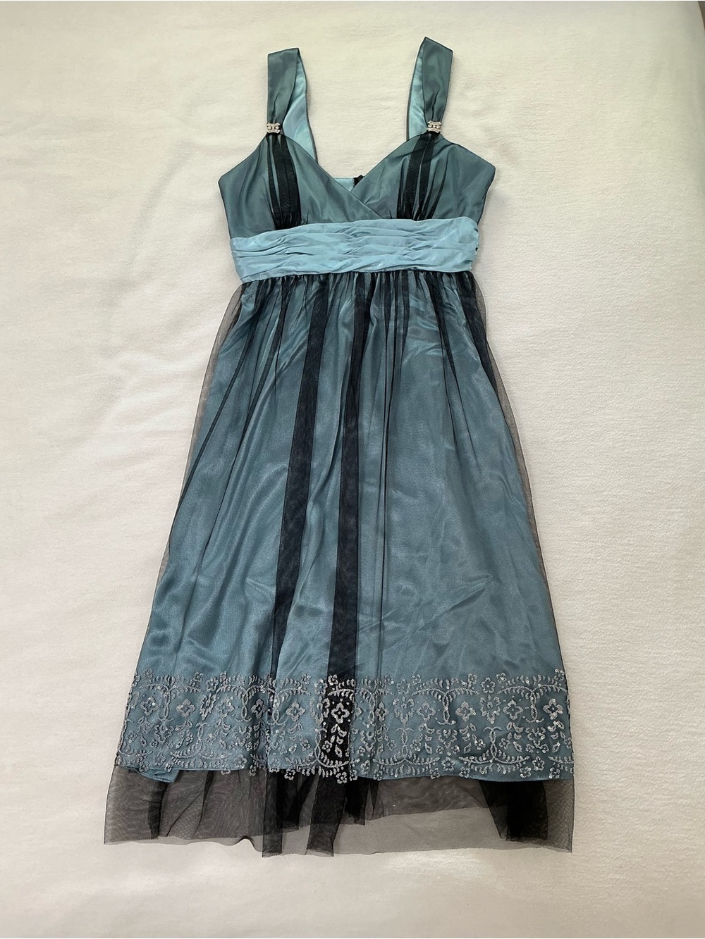 Fiesta Teal Blue A-Line Prom Dress with Embroidered Hem